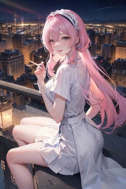 official art, masterpiece, Sharp focus beautiful gorgeous cute korean woman:1.3), (beautiful and cute korean:1.3), Korean beauty, exquisite beautiful hair、eyes and face, actual, Super detailed, beautiful girl, Luminous white particles, (side light:1.2), sunshine, Baiyun, Detailed cloud, Slender, buttocks, smile with teeth, ((smile with eyes, open your eyes)), landscape, long, straight hair, sexy facial expression, architecture, (city View:1.7), dynamic hair, long, straight hair, Detailed platinum pink hair, Luminous Blue Eyelue Pleated Shirt + Short white skirt), white stockings, pale skin, hair accessories, epic landscape,night,blush