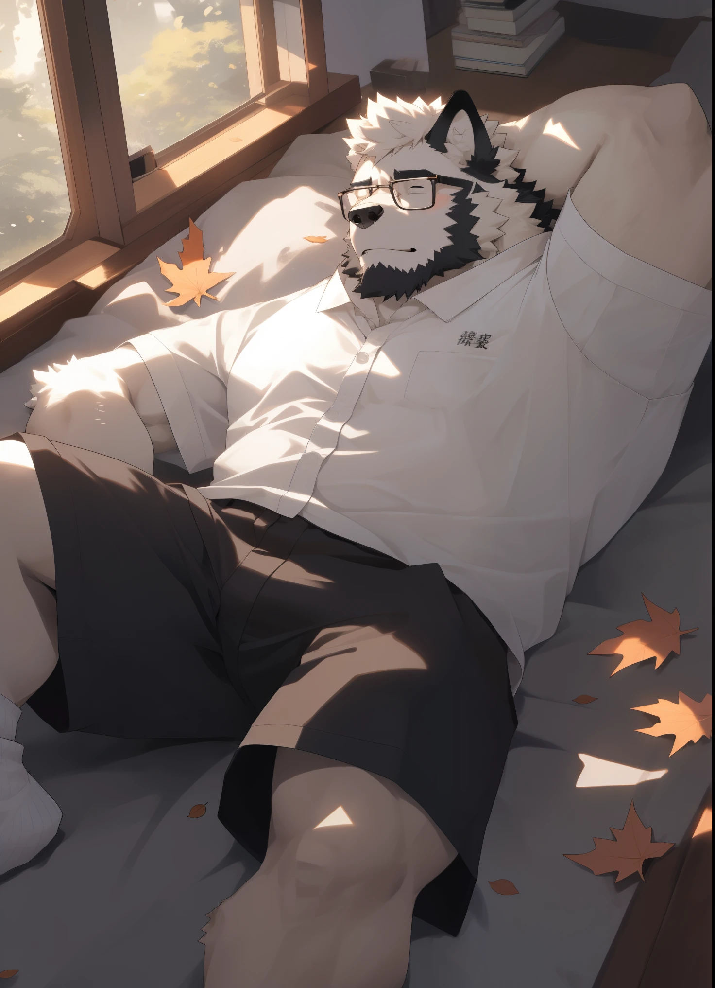 hairy,(Wolf,White short sleeves,Black-rimmed glasses,shorts,white socks),beard,white fur,male,Common,full body picture, dynamic poses,In the bedroom,Lying in bed,Lying down and sleeping,Fallen leaves drifted into the room outside the window,detailed background,极其lifelike阴影,masterpiece,Very detailed,lifelike