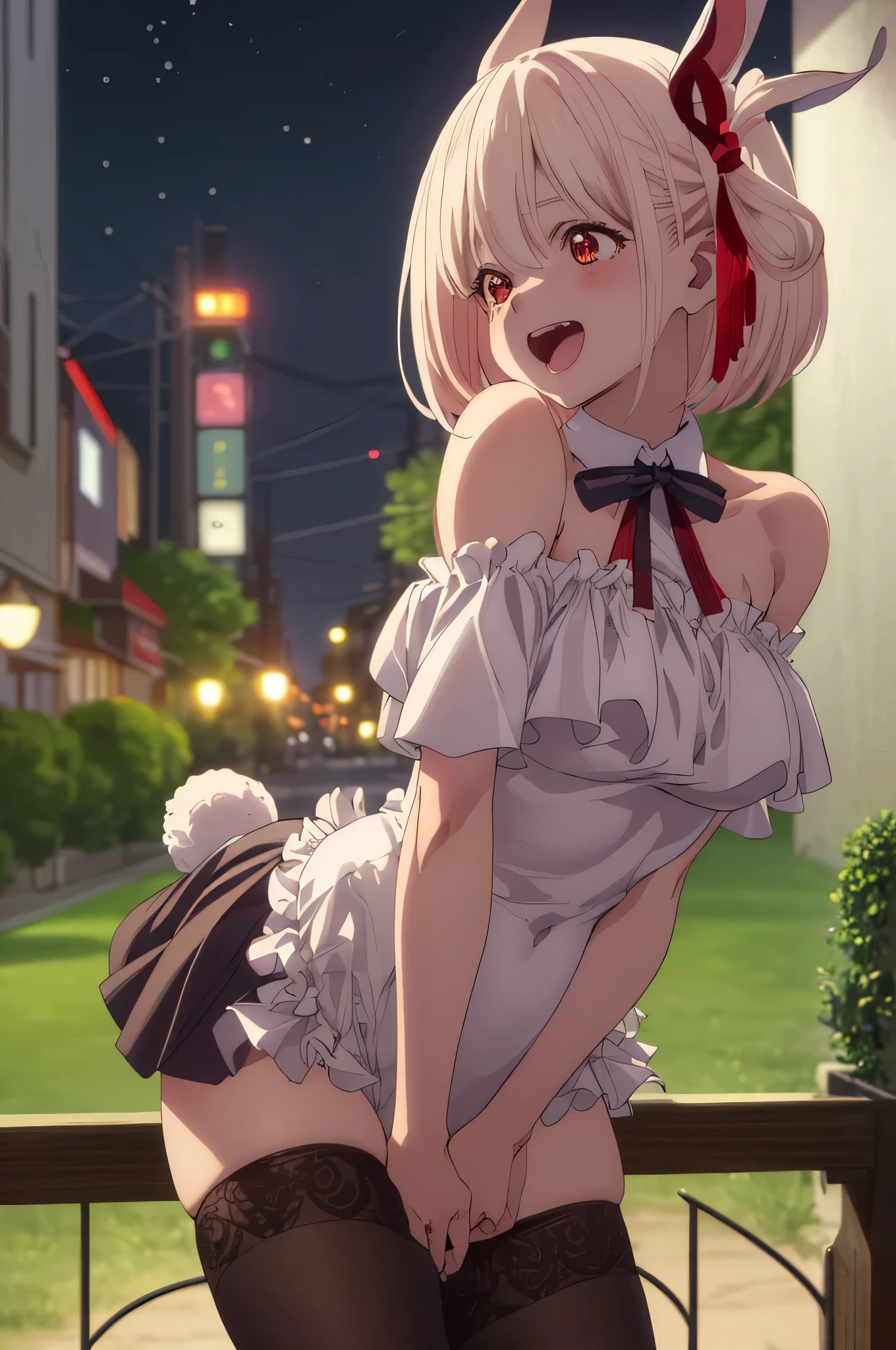 best image quality、最high quality、high quality、City of night、night view、city、city of tokyo、girl、very erotic、エロいBunny girl、Bunny girl、Usamimi、High leg、Racy clothes、Black Bunny、Understand the lines of the body、 black stockings,rabbit tail、off shoulder、thighs、big breasts、big 、魅力的なvalley、valley、see up、up close view、Upper body、Upper bodyfoucus,(Laughter:1.1), (open your mouth:1.1), (wide open eyes:1.2), Moon glare, Bokeh, written boundary depth, blurred background, Senzoku Nishikigi、Blonde short bob、red eyes、red ribbon、city内、city、city of tokyo
