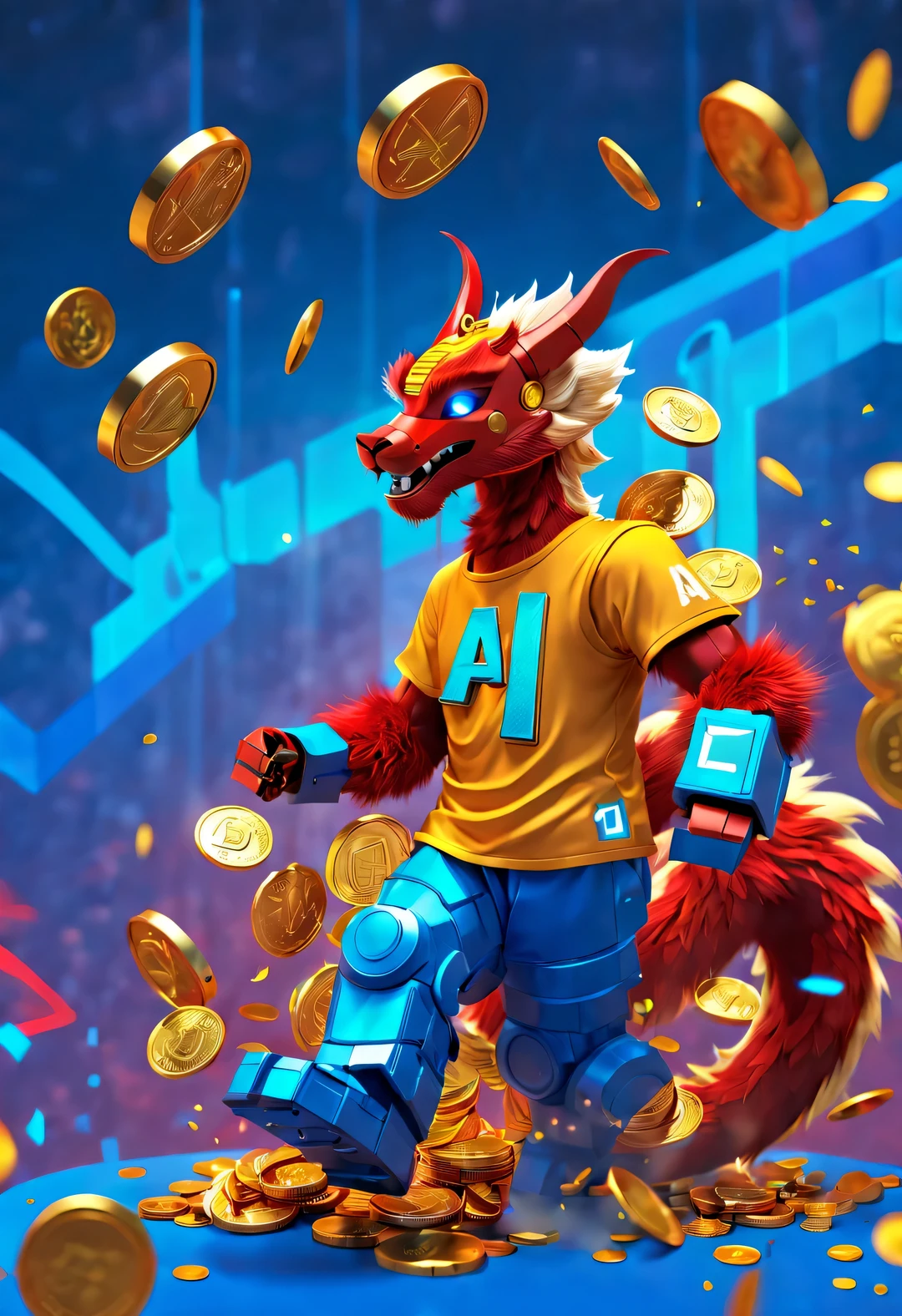 Modern art and cyberpunk style, Red wallpaper design, 3d rendering, realistic fur, hairy, beautiful wallpaper, Red, Yellow, blue, white, Black, Kaneko, (a super slim and mischievous Red and orange half robot zodiac dragon is throwing Kaneko coins into the air), (Throw your hands in the air: 1.0), (wearing a blue T-shirt with "AI" It says: 1.37), whole body, Throwing action, laughing expression, Many Kaneko coins scatteRed in the air, background: Greatwave, Cosmic planet,
Elevation and bottom-up angles, Beijing, China, 🦑 design,