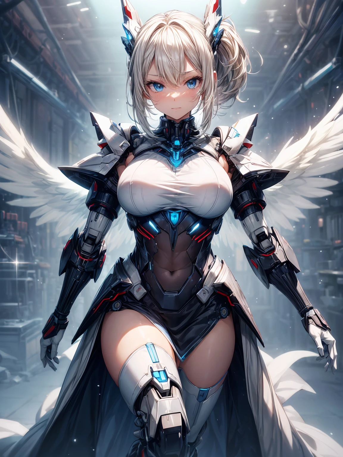 (masterpiece、highest quality, wonderful, very detailedティッカーユニティ、8k wallpaper, Depth of written boundary, Ultra-fine illustration:1.5)、。.。.3D, very detailed, (Full body Esbian）(((Flying high in the sky))、blue sky, White cloud), 、 sci-fi battlefield, Hawken, smile, open your mouth、short ponytail hair, (white blonde hair, deep blue eyes:1.2), sparkling eyes, cute顔, cute, big breasts, delicate hair, messy hair, 0), (Cybernetic Genoid:1.1), (highly detailed mecha suit:1.3), (white gothic cuirass:1.2), (white luxury wizard dress skirt:1.3), shiny hair, shiny skin, (Symmetrical mechanical winetallic colored mechanical wings that are widely expanded to the left and right so that they protrude wonderfully from the screen, bite, white hair ornament), (particles of light, cinematic lighting: 1.3), (pale pink lips: 0.8), by Yusuke Murata.
