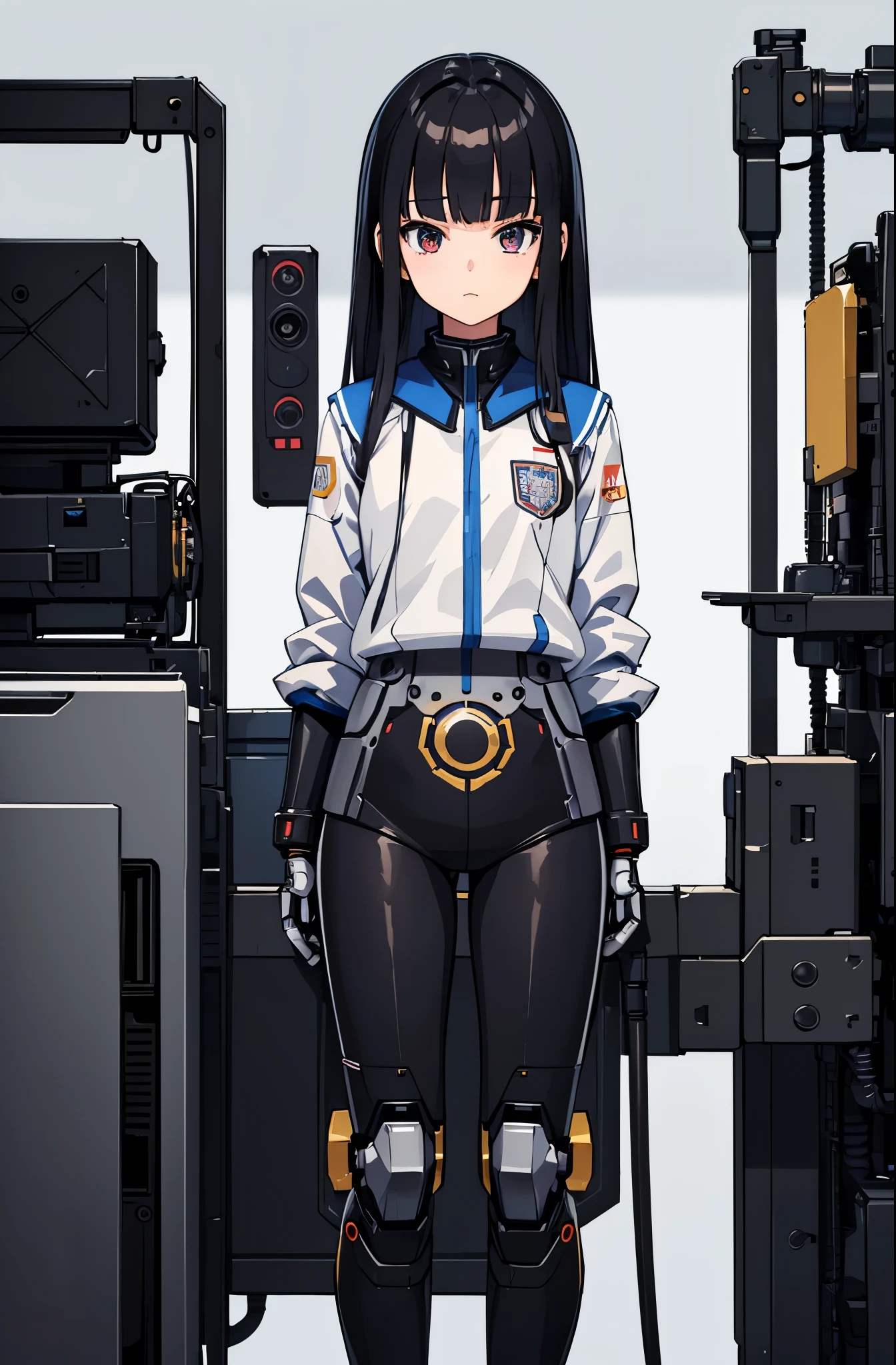 masterpiece, Best Quality, Extremely detailed, 8K portrait,Japaese android girl,teenager,18 years old,high,control panels,android,Droid,Mechanical Hand, ,Robot arms and legs, Black hair,Mechanical body,Blunt bangs,perfect teenager robot,Japanese highschool uniform