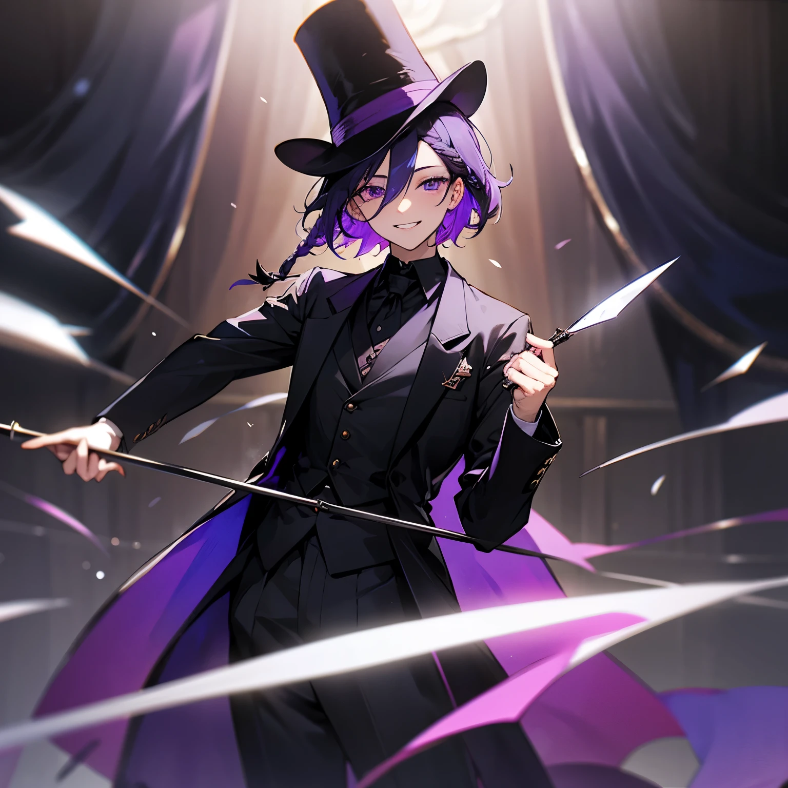1 person, nsfw, Smiling expression, Curtain call,On stage,magician, Black emanated, short hair,(The hair on the right side is braided and hangs down naturally.),Dark purple eyes, noble, pale skin, dull color, (Black Tailcoat), Hat, Swallow flocks,Fantastic background,sharp focus, Mature, alone, male, Blurred foreground, Cinema lighting