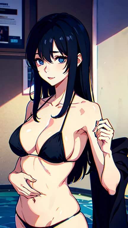 Black string bikini girl lets her hair down Standing with his hand caressing his own stomach, looking seductive.