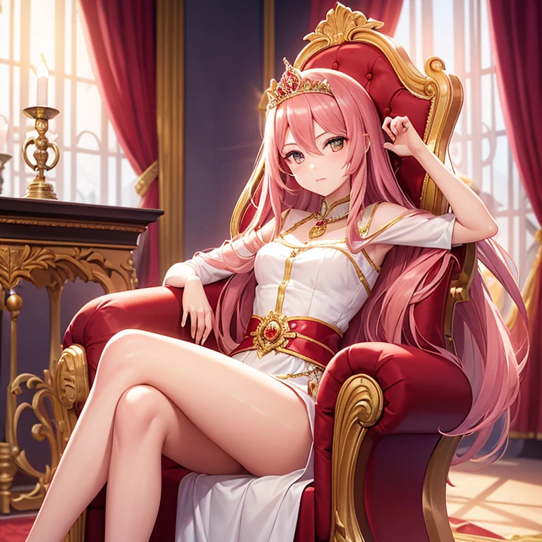 young girl,queen of arrogance,pink hair,long hair down to waist,Sitting on the Red Throne,one pair of legs crossed,big ruby tiara,White dress with gold lines,Gold Pendant,Inside the white castle,red carpet,big window,Sunset illuminates