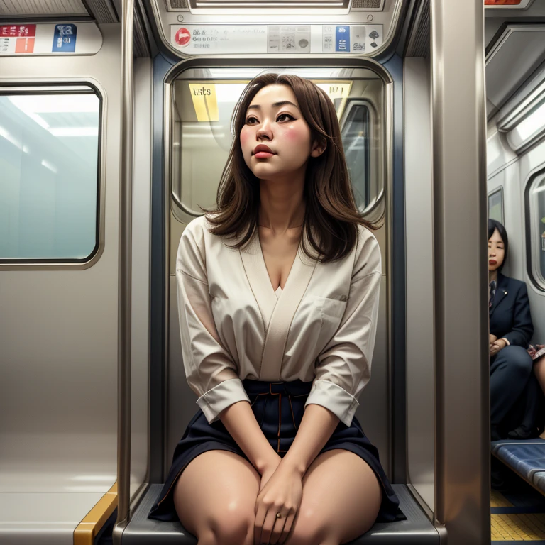 masterpiece, highest quality, Japanese girl sitting on a subway train, innocent, subway car doors, from below