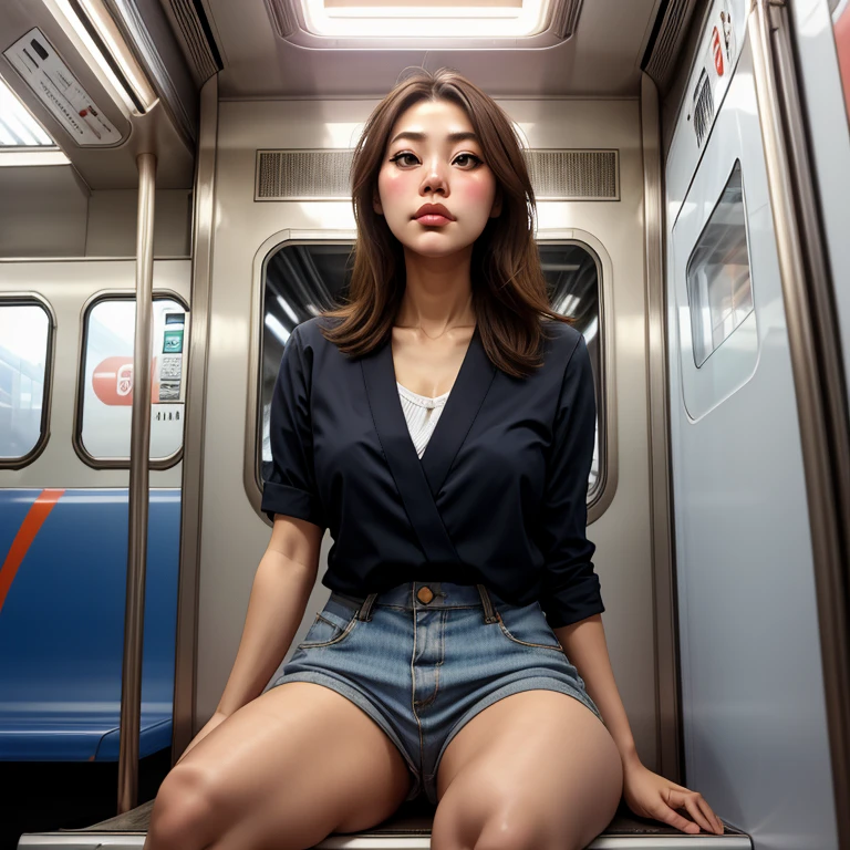 masterpiece, highest quality, Japanese girl sitting on a subway train, innocent, subway car doors, from below