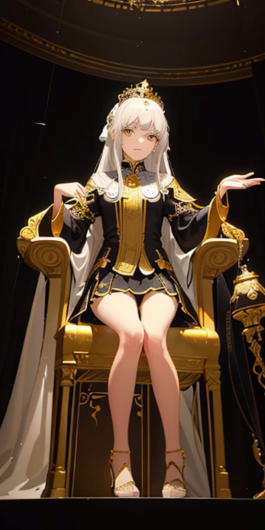(masterpiece:1.2), best quality, (illustration:1.2), (Super detailed), Super details, (Delicate and meticulous), (intricate details), (Cinema lighting, best quality Backlights), clear lines, from below, soloist, Perfect body, (1 girl), white hair and yellow eyes, (the emperor, Black sheer clothes), (crown: 1.1), seated on a throne, Eyes slightly closed, bow your head, (Shy: 1.2 ), (cosmetic), high contrast, (best lighting, Extremely creative and beautiful), (Cinema lighting), rich and colorful,short skirt