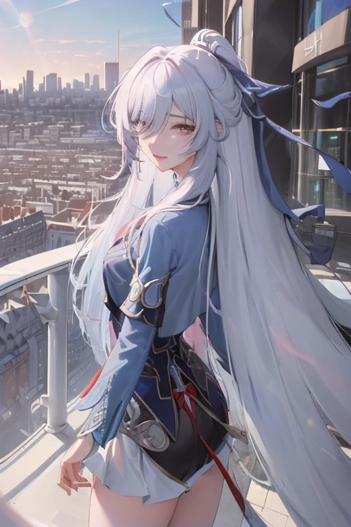 official art, masterpiece, Sharp focus beautiful gorgeous cute korean woman:1.3), (beautiful and cute korean:1.3), Korean beauty, exquisite beautiful hair、eyes and face, actual, Super detailed, beautiful girl, blue sky, Luminous white particles, (side light:1.2), sunshine, Baiyun, Detailed cloud, Slender, buttocks, smile with teeth, ((smile with eyes, open your eyes)), landscape, long, straight hair, sexy facial expression, architecture, (city View:1.7), dynamic hair, long, straight hair, Detailed platinum pink hair, Luminous Blue Eyelue Pleated Shirt + White miniskirt), white stockings, pale skin, sin pantalon