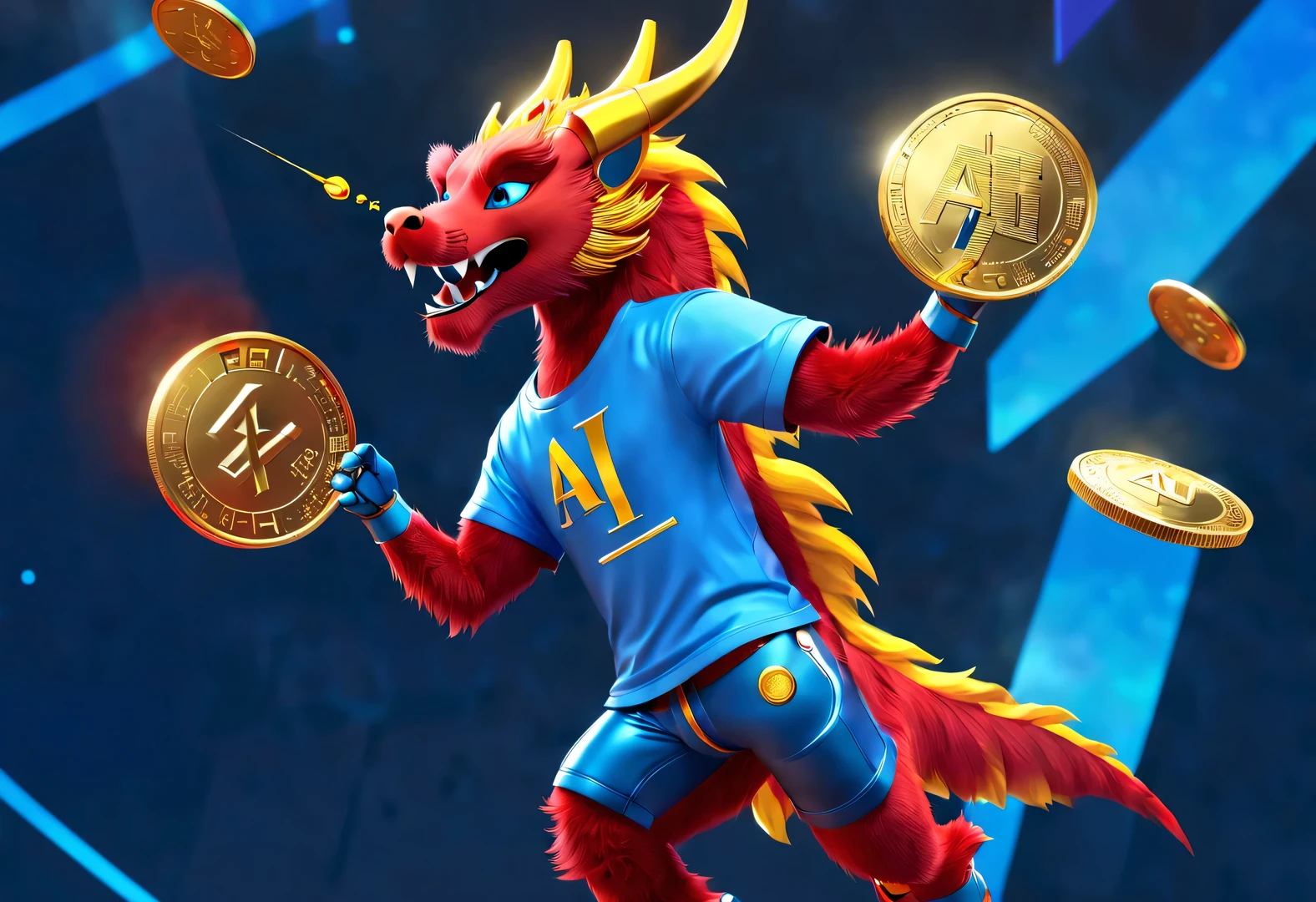 Modern art and cyberpunk style, Red wallpaper design, 3d rendering, realistic fur, hairy, beautiful wallpaper, Red, Yellow, blue, white, Black, Kaneko, (a super slim and mischievous Red and orange half robot zodiac dragon is throwing Kaneko coins into the air), (Throw your hands in the air: 1.0), (wearing a blue T-shirt with "AI" It says: 1.37), whole body, Throwing action, laughing expression, Many Kaneko coins are scatteRed in the air, With cosmic planets as background,
Elevation and bottom-up angles, Beijing, China, 🦑 design,