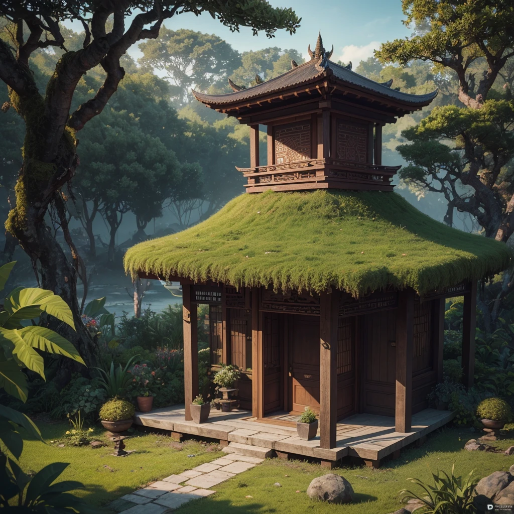 (isometric 3D),(masterpiece), (extremely detailed CG unity 8k wallpaper), (best quality), (best illustration), (best shadow),, a cute , Balinese Temple, A round turnip hut covered with moss, ,octane render,ray tracing,ultra detailed