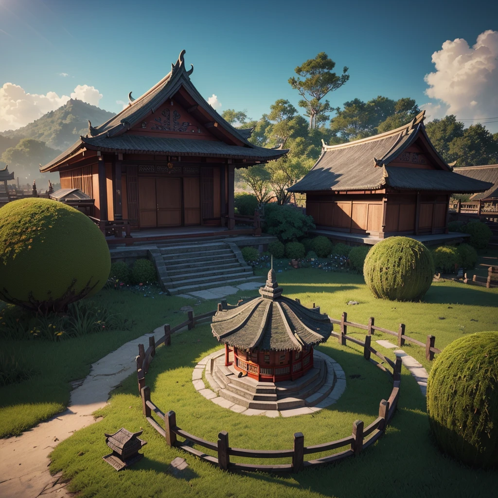 (isometric 3D),(masterpiece),  (extremely detailed CG unity 8k wallpaper), (best quality), (best illustration), (best shadow),, a cute , Balinese Temple, A round turnip hut covered with moss, ,octane render,ray tracing,ultra detailed