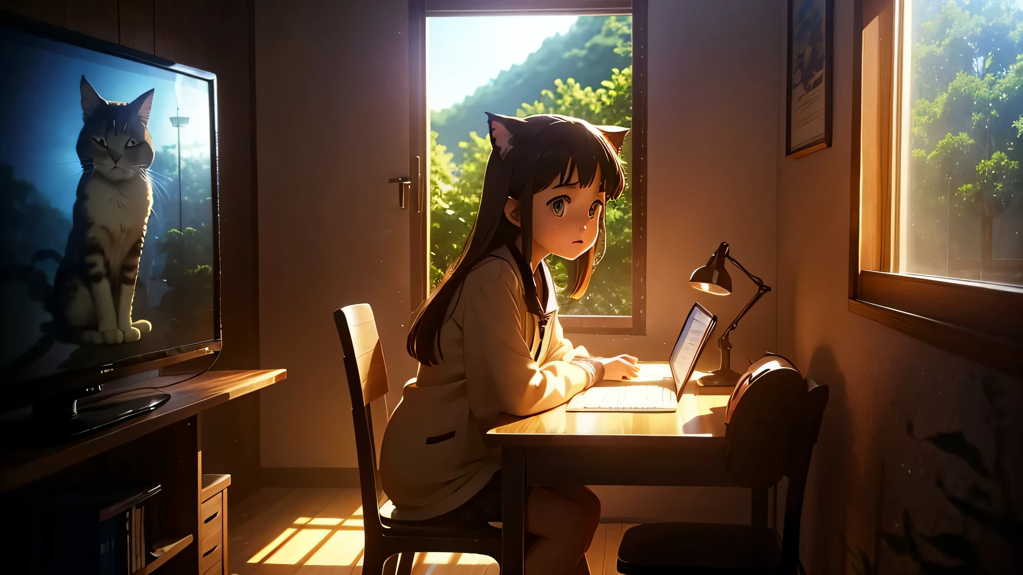 cartoon cat is sitting inside the girl。&#39;room with fireplace, A girl sits at a desk and studies for an exam, With a cute cat, big cat, This is a continuation of the TV anime., today&#39;There are still anime to watch, cat themed, trending on studio ghibli, Studio Ghibli style, Animated film stills, Girl and cat, animated still, Animated film stills, Still images from anime episodes