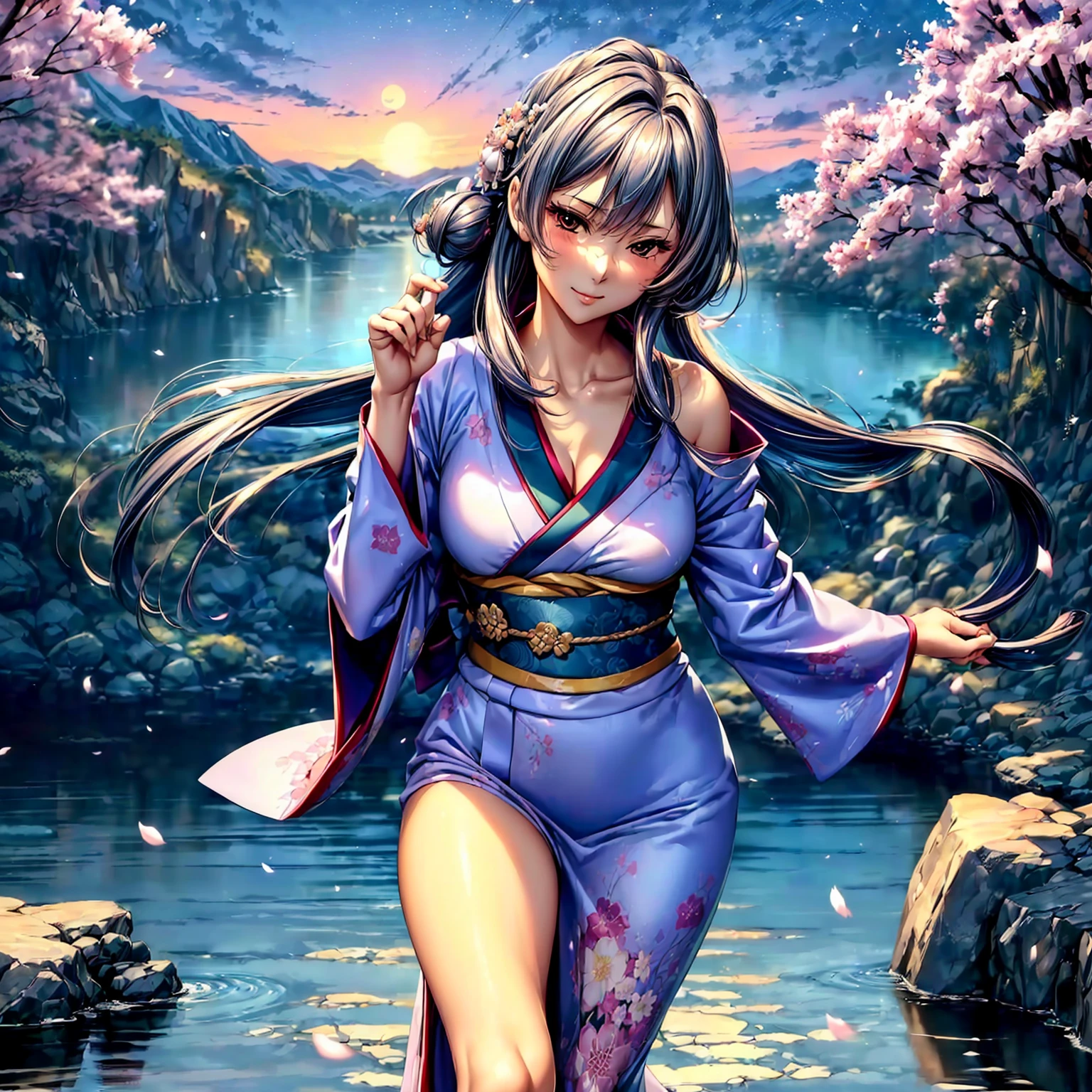 (((highest quality、masterpiece、8K quality,very high resolution)))、(A woman of perfect and ultimate beauty:18-year-old:Yamato Nadeshiko)、(beautiful face:smile、beautiful hair:Japanese hair decoration、beautiful body:Slender and beautiful breasts)、(best skin and hair texture)、(Beautiful Japan kimono:Japanese patterns and colors:Kimono sleeves and obi are long,Exposed shoulders from kimono,I can see the cleavage,I can see my thighs,whole body,Hair flutters under the influence of the wind,The sleeves and obi of the kimono flap in the wind.),(Mysterious waterfront:Beautiful cherry blossoms and waterfalls,Fantastic night sky and beautiful full moon,beautiful scenery,beautiful scenery,Beautiful colors)、bijinga,(dynamic movement,dynamic angle,dynamic pose,various camera angles、model shoot),Overall image、accurate anatomy:1.2、accurate image:1.2、highly detailed images、perfect image、Image without defects、natural soft light、beautiful images、(best shot:1.2,RAW photo:1.2)