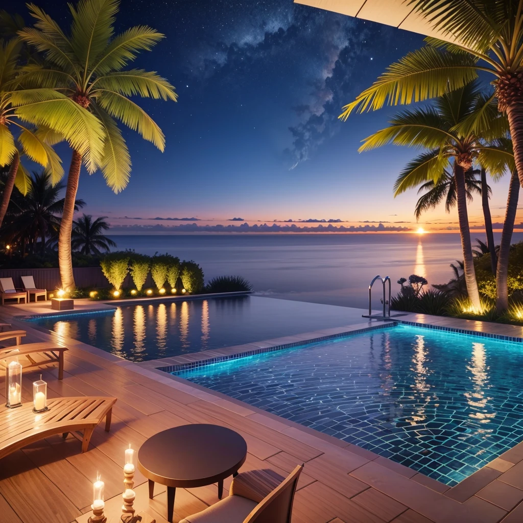 ５Star luxury resort hotel, with gold details, I can see the sea, pool, marble, Palm tree, night, light up