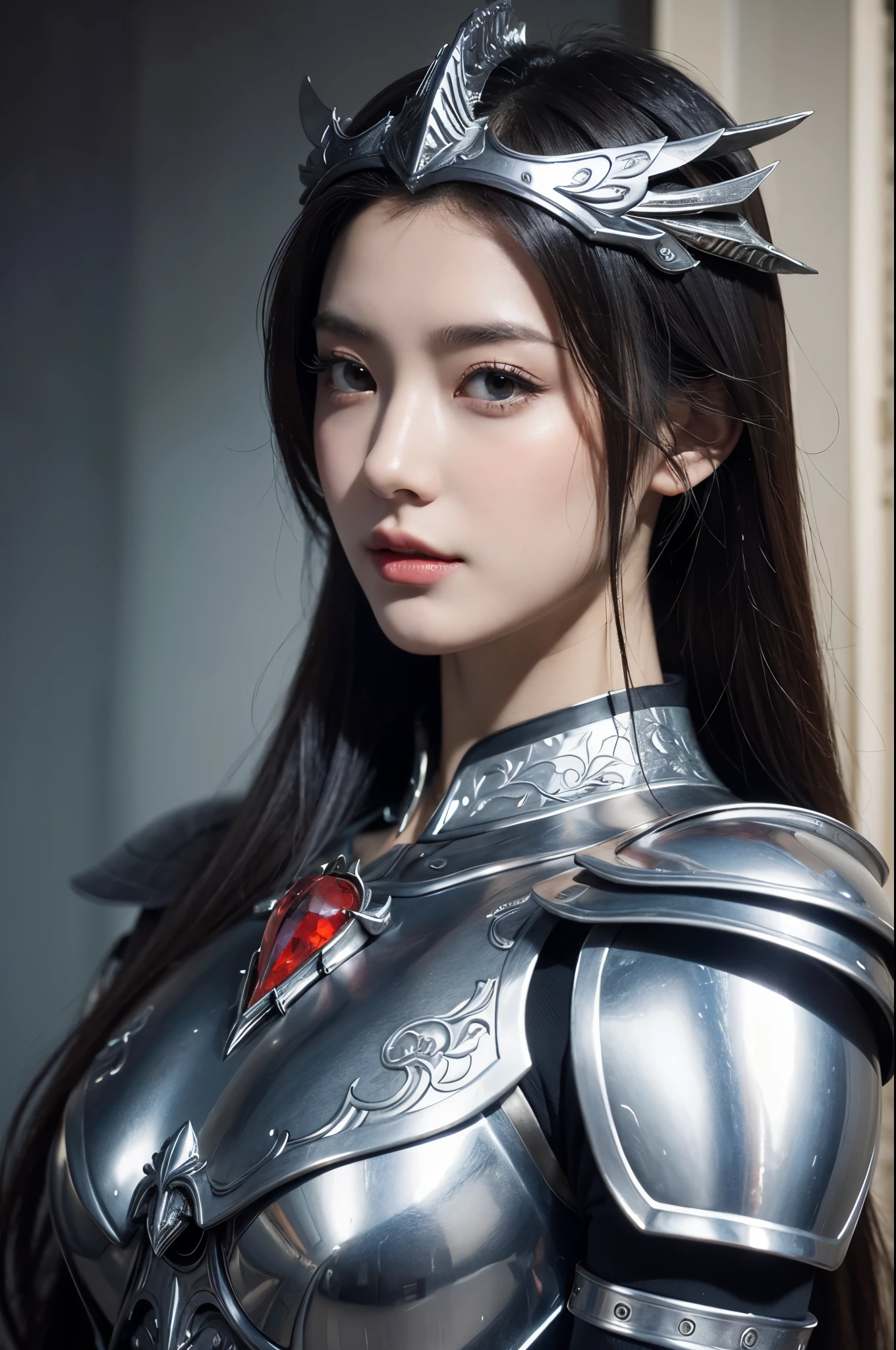 (top-quality,masterpiece),Close up portrait of woman in silver and red dress posing,Colossal ,美丽的面容,well proportioned face,detailed fantasy art、closes mouth,Fanart Meilleure ArtStation、epic exquisite character art、Dragon helmet,Beautiful armor、Armor with intricate details,extremely detailed art germ、Detailed Digital Anime Art、armor girl,valkyrie,