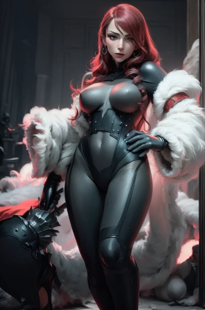 a woman with red lipstick has armor on and is holding a sword, kirijou mitsuru, 1girl, solo, hair over one eye, long hair, (((red hair))), weapon, (rapier), bodysuit, black bodysuit, grey bodysuit, hand on hip, (((large breasts))), (purple theme:1.2), ((indoors)) (In Baroque style hall:2), queen, ((majestic)), graceful, perfect face, beautiful face, perfect female body, mature female, (glowing red eyes:1.2), short ponytail, Queen's crown, darker violet gossamer veil, royal red cloak with jewels and fur, royal red shawl with jewels and fur, (earrings), (jewels, jewelry:1.2), head ornaments, (hands ornaments), legs ornaments, (high heels), Narrow waist, big ass, wet, wet body, sweating body, shiny skin, ((no close up)), (8k, RAW photos, highest quality, masterpiece: 1.7). (Realistic, Photorealistic: 1.9)