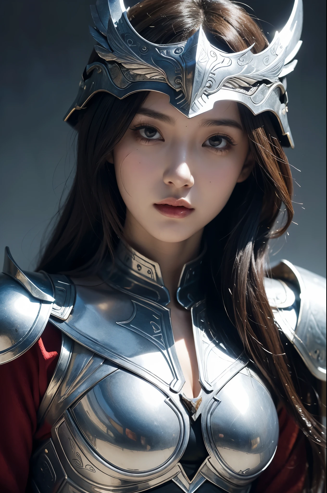 (top-quality,masterpiece),Close up portrait of woman in silver and red dress posing,Colossal ,美丽的面容,well proportioned face,detailed fantasy art、closes mouth,Fanart Meilleure ArtStation、epic exquisite character art、Dragon helmet,Beautiful armor、Armor with intricate details,extremely detailed art germ、Detailed Digital Anime Art、armor girl,valkyrie,