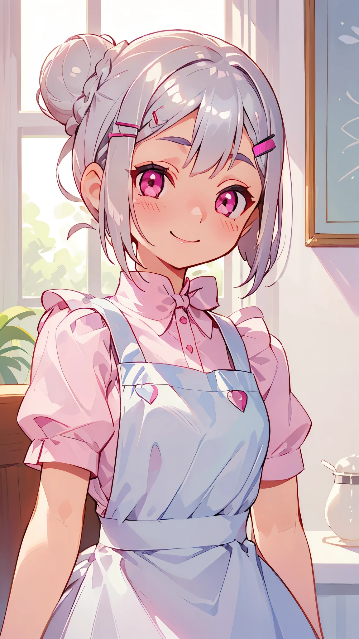 1 girl、(((silver hair、Her short silver bob hair was tied into a bun with a hair clip.、pink eyes、blush、smile)))、White blouse shirt、blue skirt、upper body close-up、small breasts、smile、Wearing an apron、((indoor、morning、Cafe))