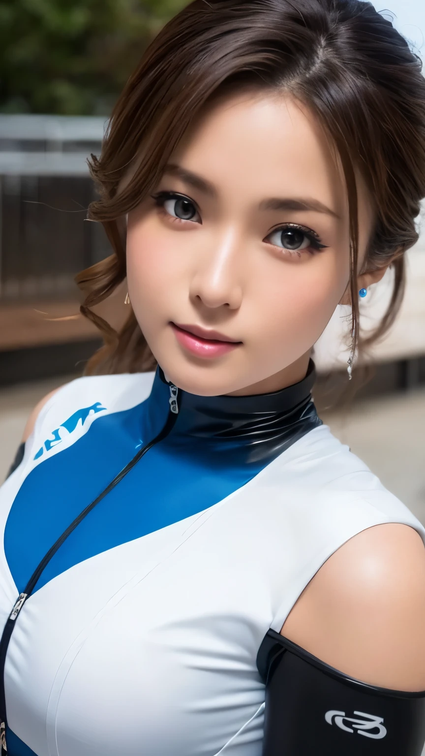 8K、highest quality、masterpiece、photo-realistic、realistic、realistic、Ultra high definition、ray tracing method、Highly detailed skin and facial textures、Detail of limbs、Cute sexy 22 year old woman、(race queen)、beautiful face、sexy face、round face、Eyes Apart、Eyes that feel beautiful eros、small mouth、thick lips、gal makeup、Medium chest、cleavage、(race queenのコスチューム、leather costume、drop shoulder costume、Costume with lots of sponsor logos、Blue and white costume)、Suzuka Circuit、extreme close up