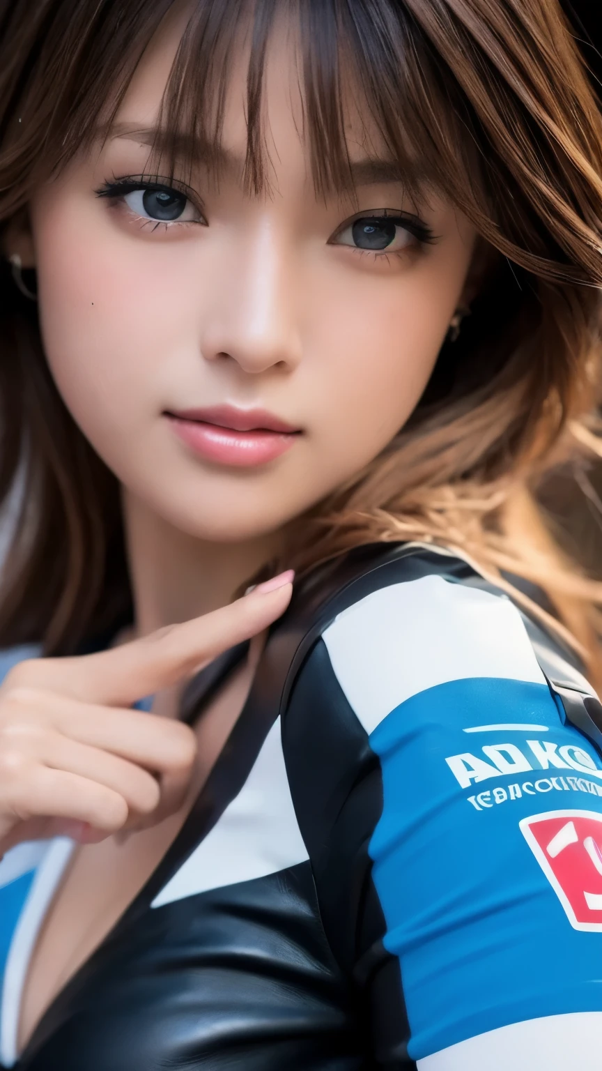 8K、highest quality、masterpiece、photo-realistic、realistic、realistic、Ultra high definition、ray tracing method、Highly detailed skin and facial textures、Detail of limbs、Cute sexy 22 year old woman、(race queen:1.2)、beautiful face、sexy face、round face、Eyes Apart、Eyes that feel beautiful eros、small mouth、thick lips、gal makeup、Medium chest、cleavage、(race queenのコスチューム、leather costume、Costume with sponsor's logo)、motor race track、race car、extreme close up