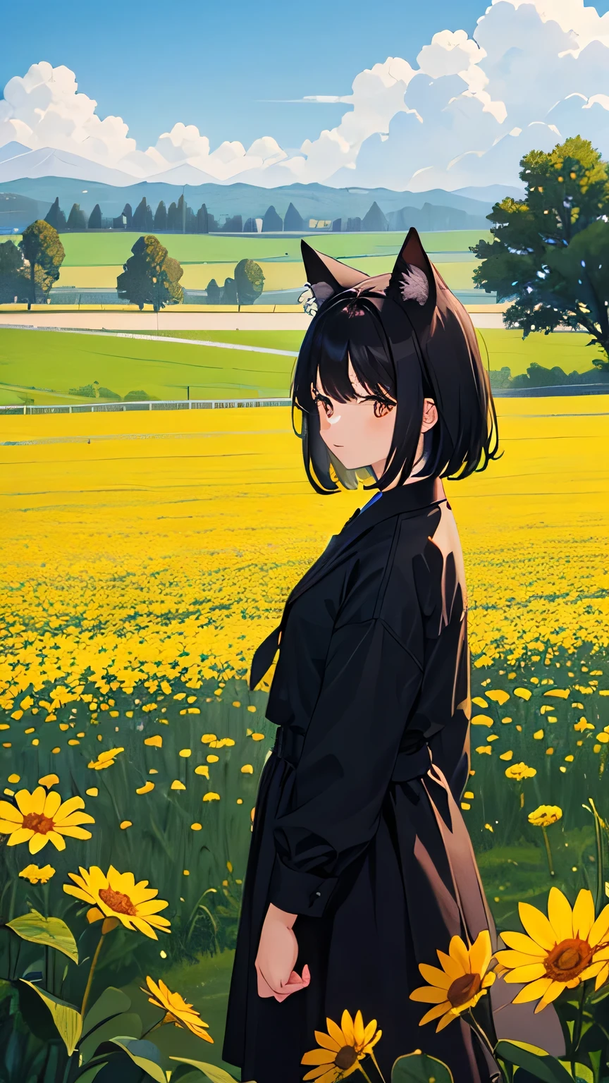 Black-haired cat,The background is a flower field
