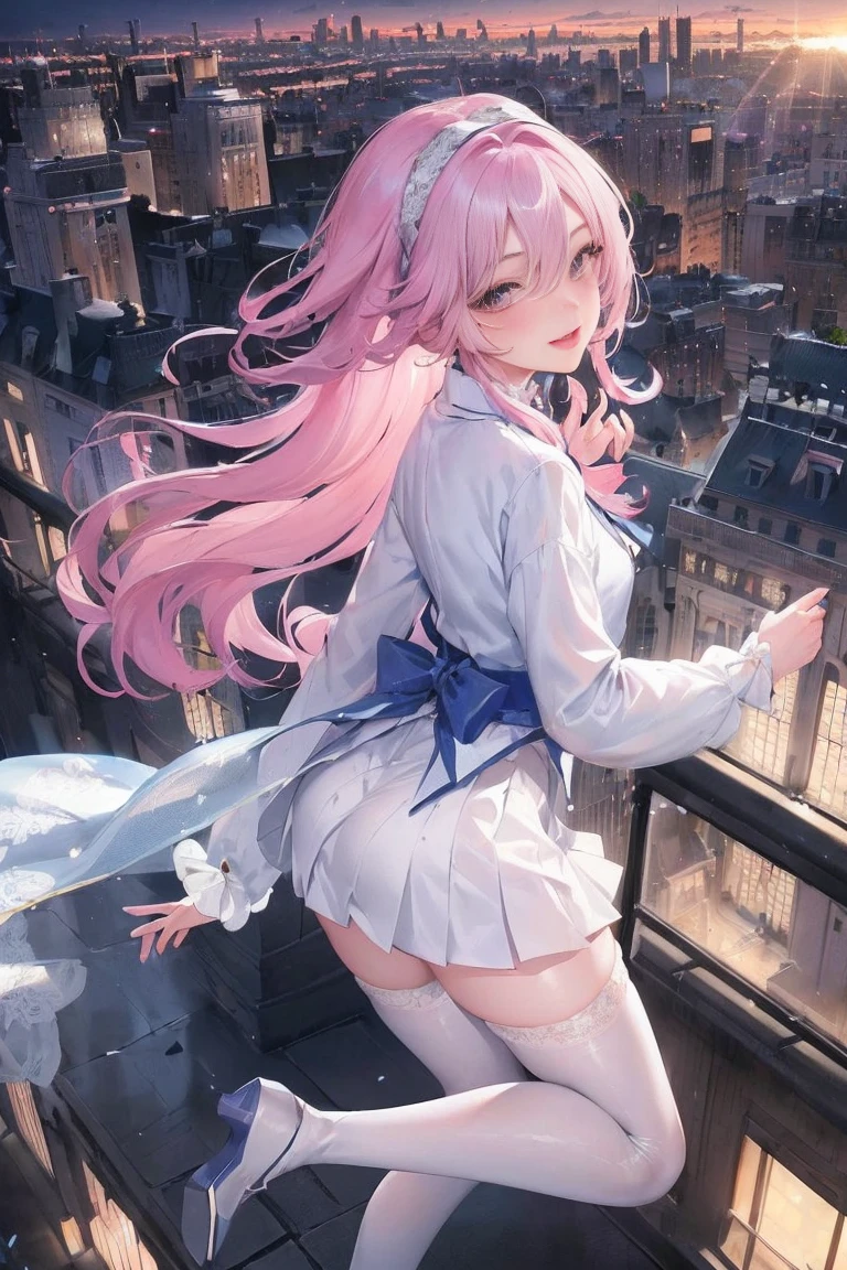 official art, masterpiece, Sharp focus beautiful gorgeous cute korean woman:1.3), (beautiful and cute korean:1.3), Korean beauty, exquisite beautiful hair、eyes and face, actual, Super detailed, beautiful girl,  Luminous white particles, (side light:1.2), sunshine, Baiyun, Detailed cloud, Slender, buttocks, smile with teeth, ((smile with eyes, open your eyes)), landscape, long, straight hair, sexy facial expression, architecture, (city View:1.7), dynamic hair, long, straight hair, Detailed platinum pink hair, Luminous Blue Eyelue Pleated Shirt + Short white skirt), white stockings, pale skin, hair accessories, epic landscape,night，blush，Nice butt，