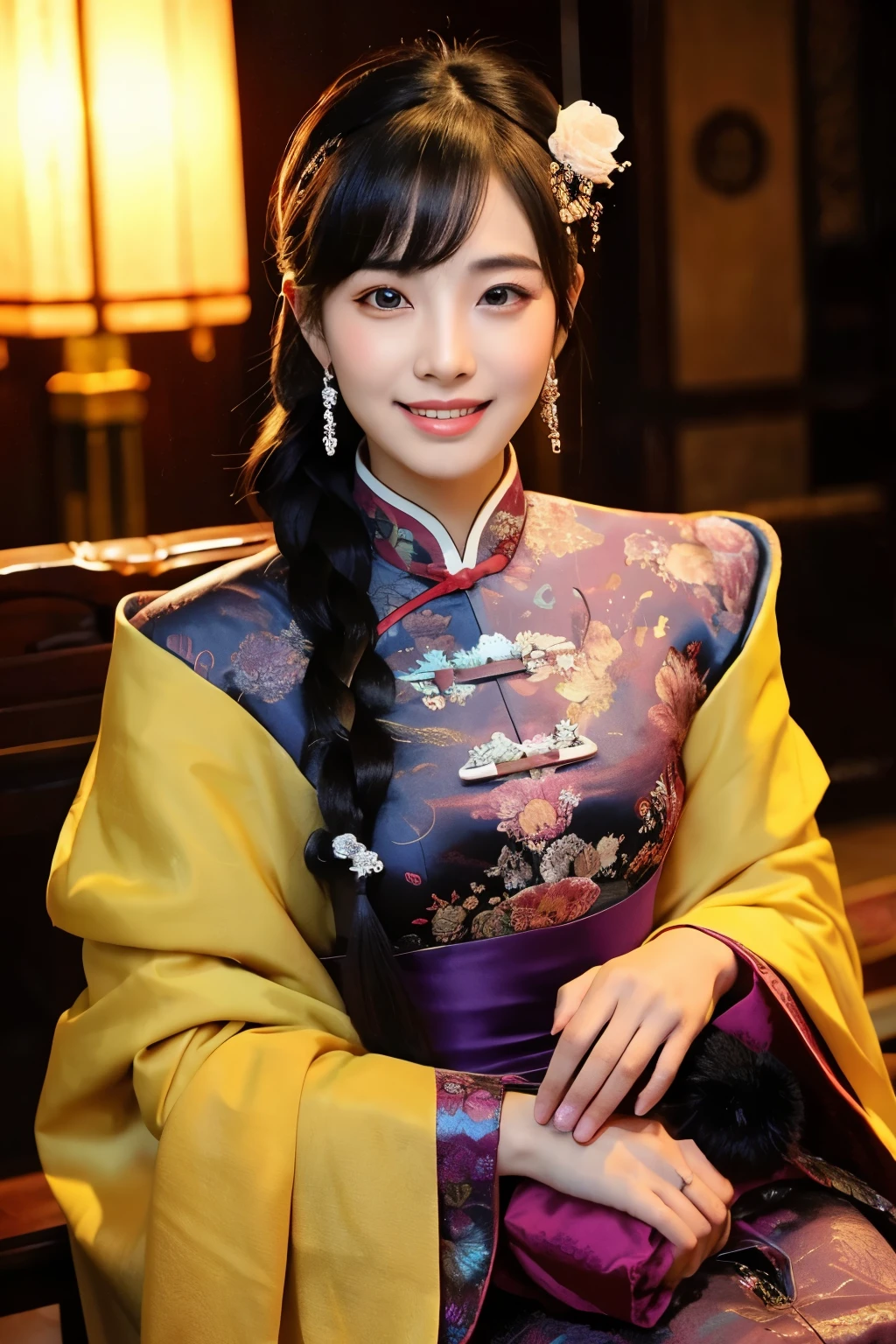 ancient China、In a room in the imperial court at the end of the Later Han Dynasty、The empress is sitting in a luxurious chair。The empress is華やかな服装で神々It has a nice aura of atmosphere.。The empress is綺麗な顔立ちで、She is wearing the fashionable hair ornaments of the time.。The empress is、I'm looking at you with a smile on my face。Please draw a beautiful woman with such an image.。