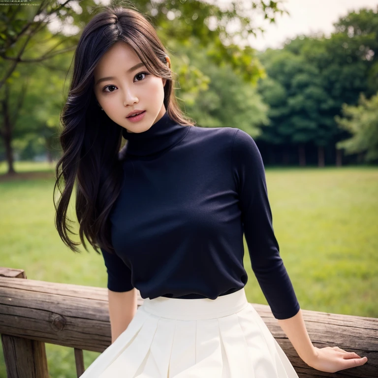 1 girl,sexy pose,highest quality,masterpiece,figure,very delicate and beautiful,cg,unity,8k wallpaper,wonderful,finely,masterpiece,official art,very detailed cg unity 8k wallpaper,incredibly absurd,huge file size,super detailed,High resolution,very detailed,beautiful detailed girl,realistic,full frontal,outdoor,turtleneck shirt,skirt,contrast of light,
