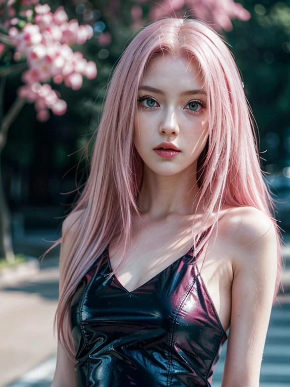 young woman, long pink hair, wide forehead, porcelain skin, pink eyebrows, big emerald green eyes, buttoned nose, thick lips, heart-shaped face, slender body, small breasts, pink leather dress, Sakura Haruno, realistic, realism black details 3d