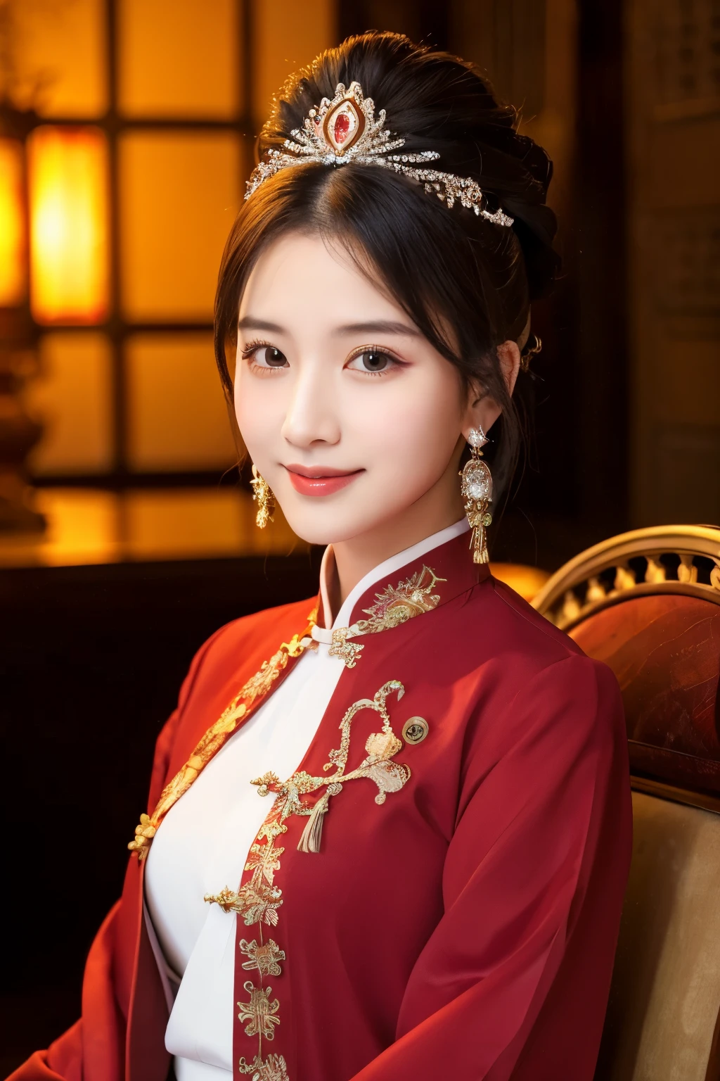 ancient China、In a room in the imperial court at the end of the Later Han Dynasty、The empress is sitting in a luxurious chair。The empress is華やかな服装で神々It has a nice aura of atmosphere.。The empress is綺麗な顔立ちで、She is wearing the fashionable hair ornaments of the time.。The empress is、I'm looking at you with a smile on my face。Please draw a beautiful woman with such an image.。