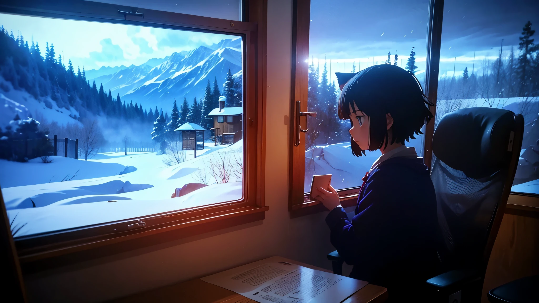 cartoon cat is sitting inside the girl。'room with fireplace, Snowy landscape outside the window, A girl sits at a desk and studies for an exam, With a cute cat, big cat, This is a continuation of the TV anime., today'There are still anime to watch, cat themed, trending on studio ghibli, Studio Ghibli style, Animated film stills, animated still, Animated film stills, Still images from anime episodes