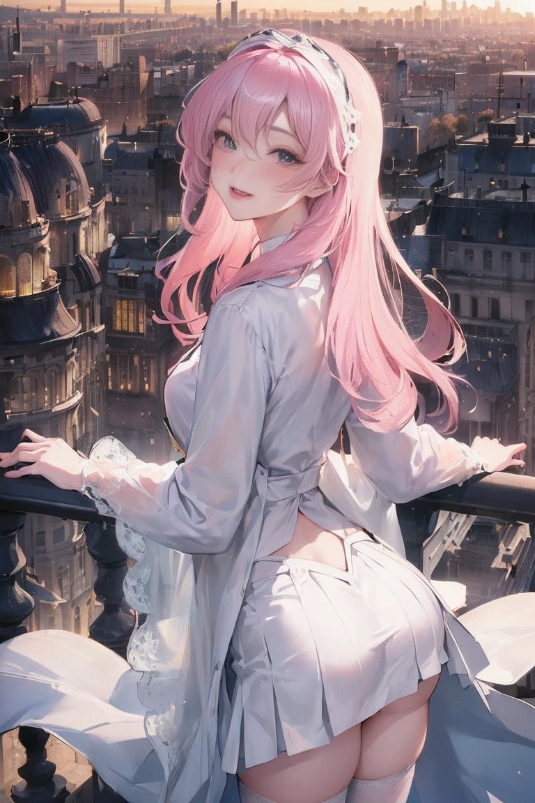 official art, masterpiece, Sharp focus beautiful gorgeous cute korean woman:1.3), (beautiful and cute korean:1.3), Korean beauty, exquisite beautiful hair、eyes and face, actual, Super detailed, beautiful girl, Luminous white particles, (side light:1.2), sunshine, Baiyun, Detailed cloud, Slender, buttocks, smile with teeth, ((smile with eyes, open your eyes)), landscape, long, straight hair, sexy facial expression, architecture, (city View:1.7), dynamic hair, long, straight hair, Detailed platinum pink hair, Luminous Blue Eyelue Pleated Shirt + Short white skirt), white stockings, pale skin, hair accessories, epic landscape,night,blush,Nice butt,Beautiful buttocks
