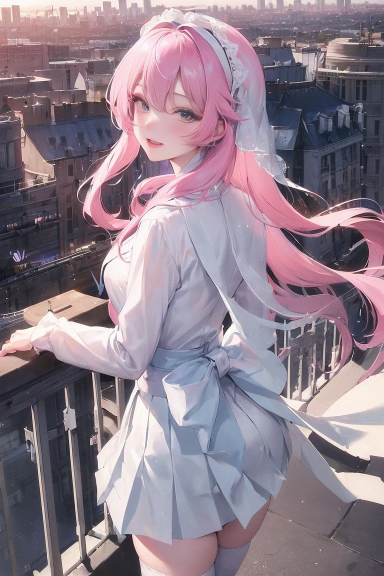 official art, masterpiece, Sharp focus beautiful gorgeous cute korean woman:1.3), (beautiful and cute korean:1.3), Korean beauty, exquisite beautiful hair、eyes and face, actual, Super detailed, beautiful girl,  Luminous white particles, (side light:1.2), sunshine, Baiyun, Detailed cloud, Slender, buttocks, smile with teeth, ((smile with eyes, open your eyes)), landscape, long, straight hair, sexy facial expression, architecture, (city View:1.7), dynamic hair, long, straight hair, Detailed platinum pink hair, Luminous Blue Eyelue Pleated Shirt + Short white skirt), white stockings, pale skin, hair accessories, epic landscape,night，blush，Nice butt，Beautiful buttocks
