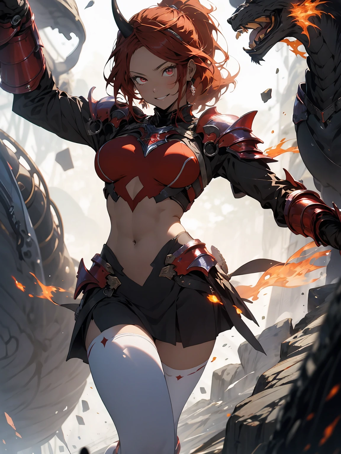 ((Finest quality)),(超A high resolution),(ultra-detailliert),(Meticulous portrayal),((Best Anime)),(Finest works of art),(Ultra-Precision Art),(The art of astounding depiction,Overwhelming depiction:1.5),(intricate and detailed art:1.6), (adult woman:1.5),(Hanging:1.6),Staring at this:1.4,sneering:1.5,(Armor shaped like a skeleton:1.3), (Black Flame:1.5), NSFW, small breasts, prominent collarbones, skinny arms, flat stomach, visible hip bones, long hair, red hair, white hair, blonde hair, dark hair, ponytail, thick ponytail, heavy ponytail, red and white clothing, Bloodborne inspired, occult aesthetic, occult, detailed and intricate steampunk and detailed gothic, NSFW Fluttering lace frilly petticoats, pleated petticoats