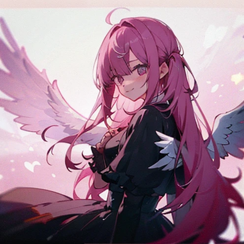 Girl, front hair very long, back hair medium,pale pink hair , black eyes , black clothes, angel wings, soft smile on her face.