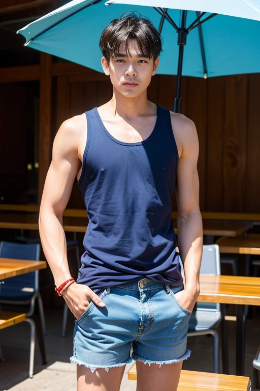 araffe man standing in front of a table with a straw umbrella, a portrait inspired by Dai Jin, shutterstock, realism, young man with short, short jeans, denim short pants, wearing a muscle tee shirt, wearing : tanktop, 165 cm tall, short in stature, wearing denim short shorts, realistic shot, 155 cm tall