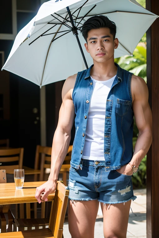 man thai handsome standing in front of a table with a straw umbrella, a portrait inspired by Dai Jin, shutterstock, realism, young man with short, short jeans, denim short pants, wearing a muscle tee shirt, wearing : tanktop, 165 cm tall, short in stature, wearing denim short shorts, realistic shot, 155 cm tall