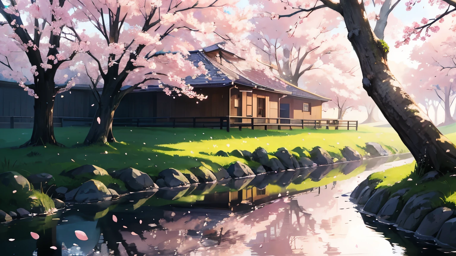 Wallpaper, Spring Season, Cherry Blossom Tree, Rural, Rural, Warm Weather, Early Morning Sun, HD Detail, Wet Watermark, Hyperdetail, Cinematic, Surrealism, Soft Light, Deep Field Focus Bokeh, Ray Tracing, Diffusion (Ultrafine Glass Reflection) and Surrealism. --v6
