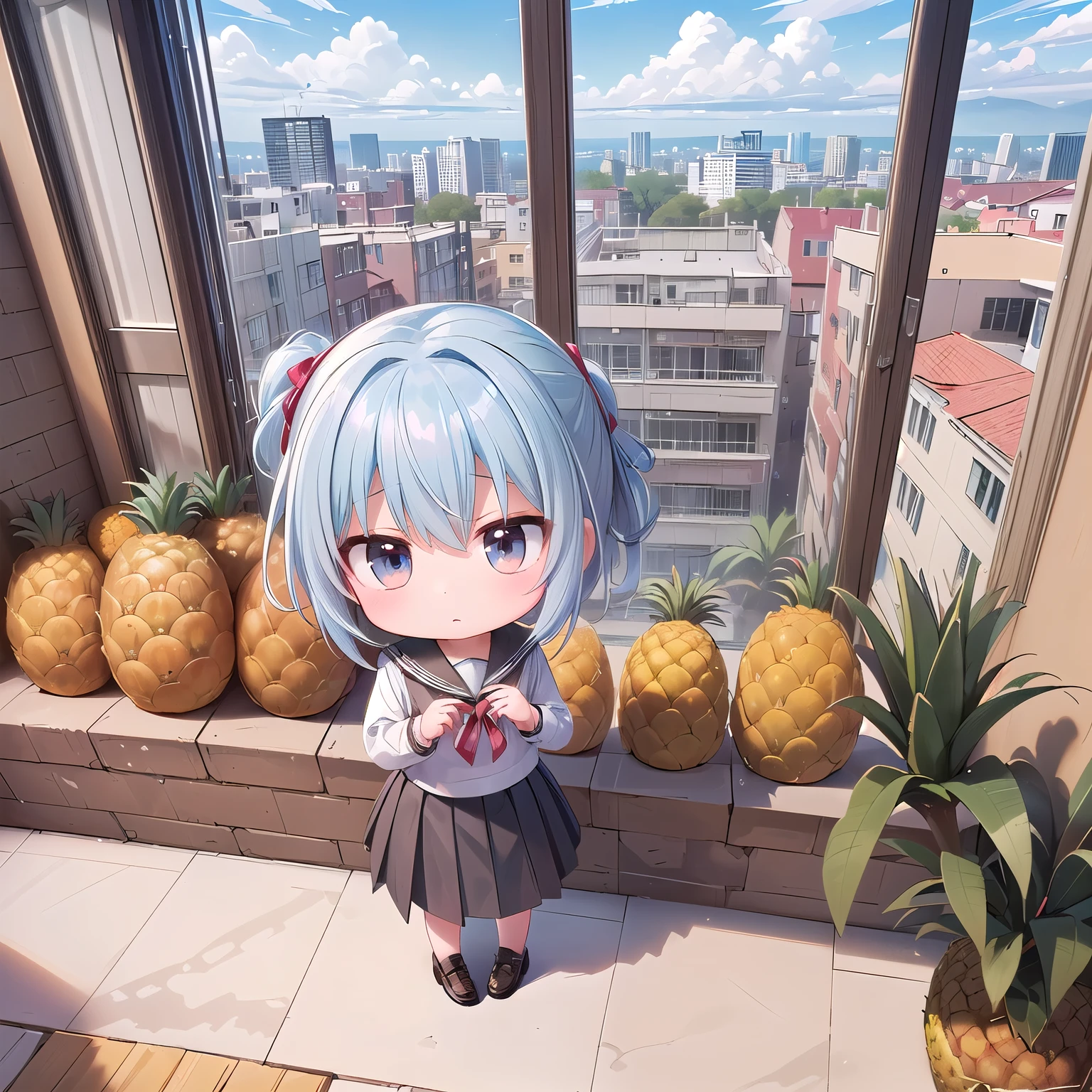 ((Chibi, miniature, REAL, pineapple, 3DCG, Nendoroid, 1 girl: 1.3)) ,(Masterpiece, almond-shaped eyes, glossy white-blue hair, short chignon hair, top quality, carefully drawn fingertips, beautiful anatomy : 1.4), (half body: 1.3), (Red cheeks, indifference, no expression, hair blowing in the wind: 1.2), (Slim and warm clothes, warm student style,warm long skirt,Fluffy  Loafer,big ribbon,Celebrity Life style: 1.2), (pineapple building ,roof top,balcony,stone wall,Window,stone floor:1.3),(school mate, school :1.3)