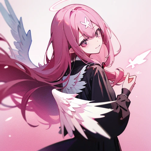 Girl, front hair very long, back hair medium,pale pink hair , black eyes , black clothes, angel wings, soft smile on her face.