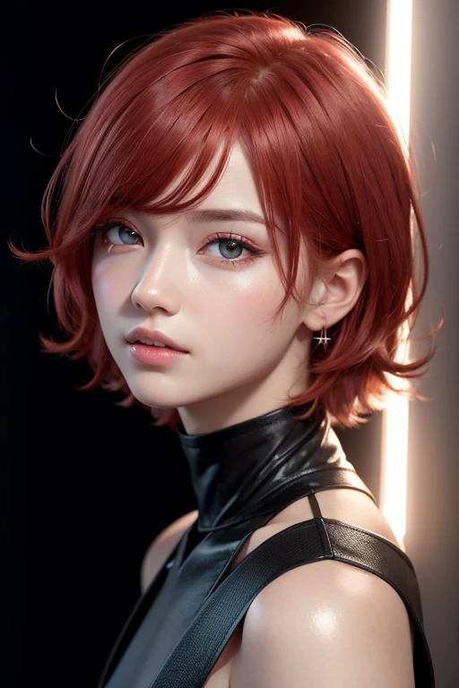 1 boy, star eye, blush, perfect illumination, red hair, red eyes, unreal engine, sidelighting, detailed face, bangs, bright skin, simple background, dark background,