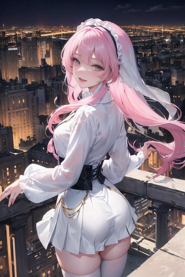 official art, masterpiece, Sharp focus beautiful gorgeous cute korean woman:1.3), (beautiful and cute korean:1.3), Korean beauty, exquisite beautiful hair、eyes and face, actual, Super detailed, beautiful girl, Luminous white particles, (side light:1.2), sunshine, Baiyun, Detailed cloud, Slender, buttocks, smile with teeth, ((smile with eyes, open your eyes)), landscape, long, straight hair, sexy facial expression, architecture, (city View:1.7), dynamic hair, long, straight hair, Detailed platinum pink hair, Luminous Blue Eyelue Pleated Shirt + Short white skirt), white stockings, pale skin, hair accessories, epic landscape,night,Nice butt,Beautiful buttocks,The skirt is lifted