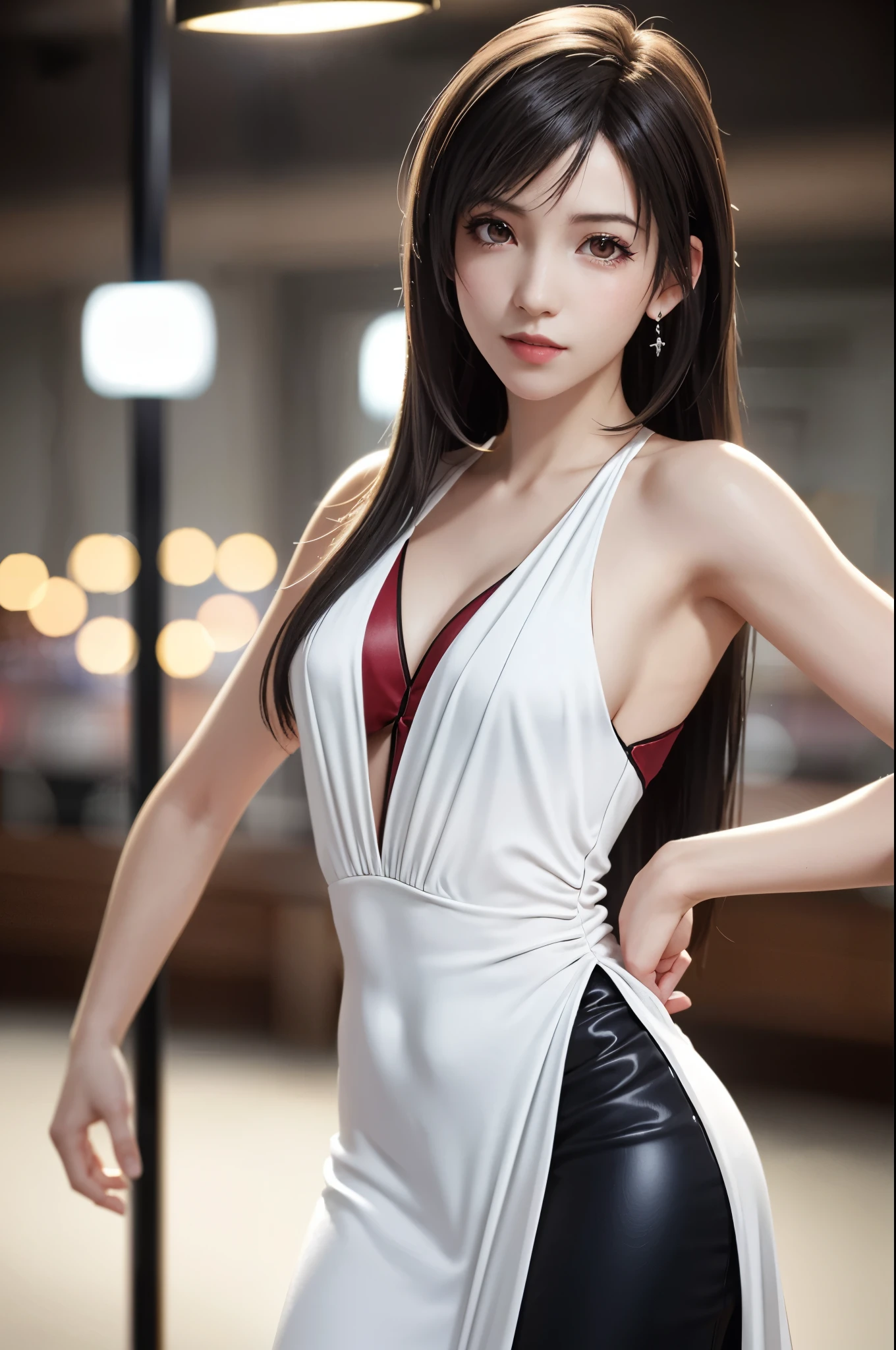 (top quality, masutepiece: 1.1), (Realistic: 1.3),wallpapers; BREAK (((FF7,Tifa_lockhart,solo)))(erotic pose:1.2,nogizaka idol),(pole dance:1.3),Ultra-detailed face, Detailed eyes,Red eyes, BREAK (((FF7,Tifa_lockhart))),(black brown hair, Large breasts: 1.0), BREAK ,(location:dance stage,show),(A dancer in the DJ club, lighting, neon, erotic beackground,pole),(tifa_lockhart is dancer:1.2,evening dress:1.3),(no bra),(Small and beautiful hard nipple),About 18 years old,kawaii,shy:1.1,happy, smiling,slender body