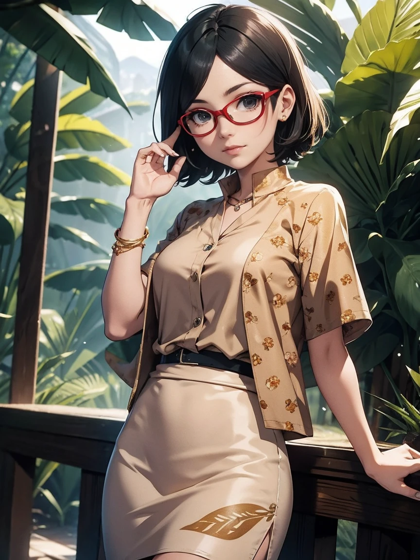 Sarada Uchiha with short hair, black eyes, wearing prescription glasses. She is wearing a beige Nude pencil skirt, ((Ounce Print Blouse)) and fine gold jewelry, she is paradin over in the Amazon rainforest. Small