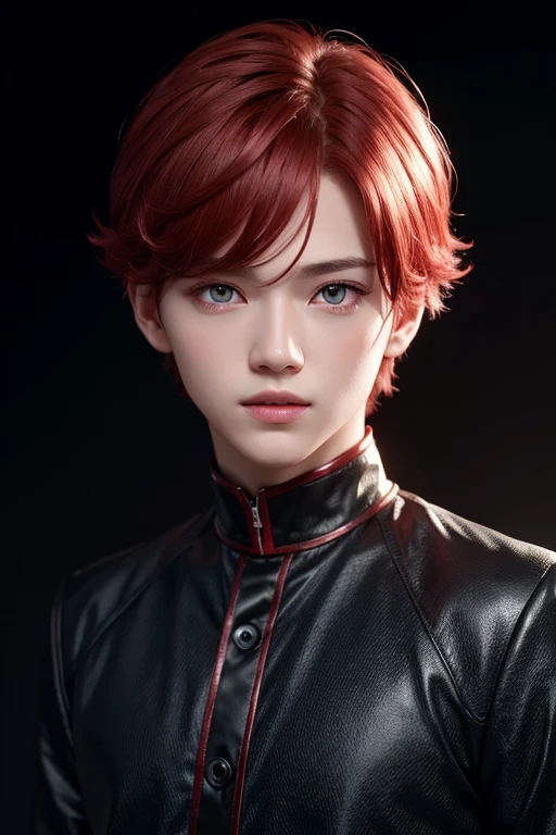 1 boy, star eye, blush, perfect illumination, red hair, red eyes, unreal engine, sidelighting, detailed face, bangs, bright skin, simple background, dark background,  black clothes
