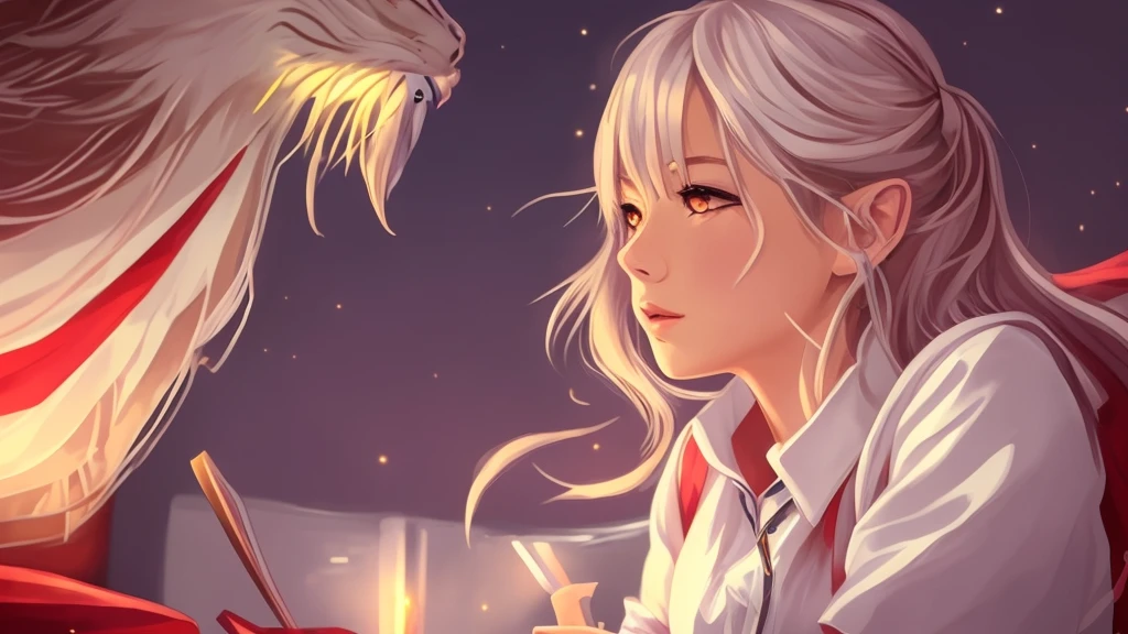 Anime girl writing a book with a dragon in the background, anime fantasy illustration, realistic fantasy illustration, anime art wallpaper 4k, anime art wallpaper 4k, anime art wallpaper 8k, RPG book portrait, digital anime illustration, fantasy art style, Fantasy RPG Book Illustration, fantasy book illustration, fantasy style anime, Role Playing Game Art, digital fantasy illustration