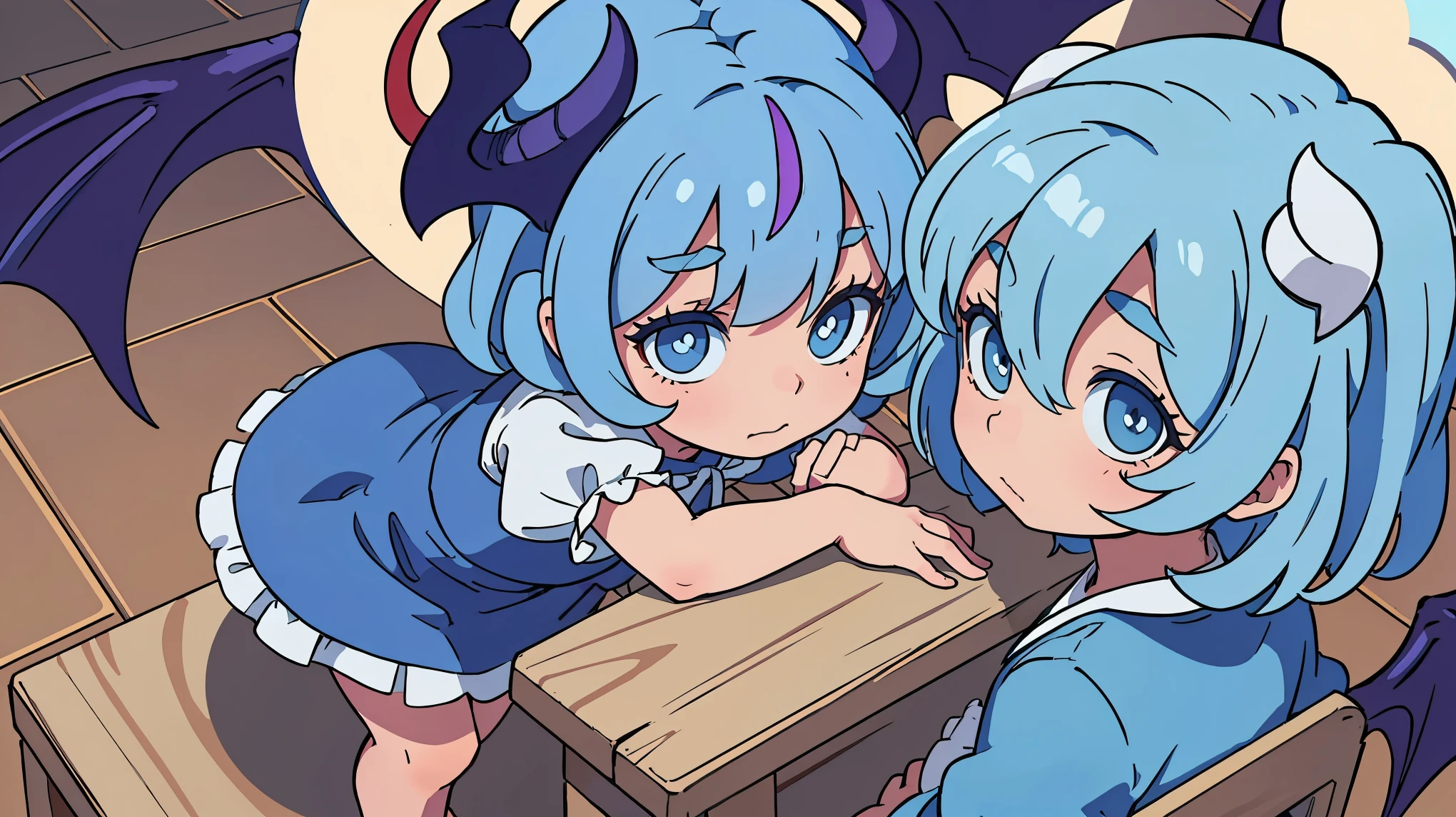 Splash art, cute demon girl, demon wings, cute blue summer dress, (perfect hands), looking to viewer, standing on wooden table, with a baby by her side, stunning beauty, close-up, muted colors, deep shadows, trending on Pixiv, 4k