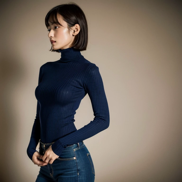 (highest quality, 8K, 32K, masterpiece, UHD: 1.2), cute japanese women pictures, 1 girl, profile, (big), (tall woman), (abs, slim body shape: 1.2), (lips), (dark brown medium short hair), Navy blue ribbed turtleneck, No sleeve, big Butt Protruding