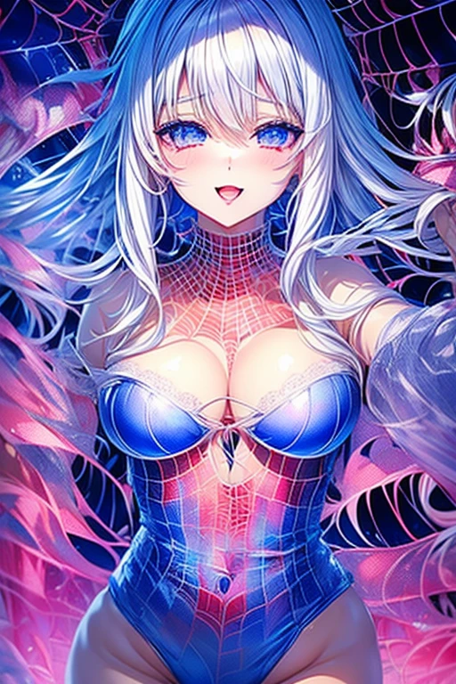 ((masterpiece、Super detailed、intricate details、high quality、distinct、An illustration))、girl 、18-year-old、150cm、40 km、C cup、thin、slim body、short hair、shortcut、suspended in the air(((arms outstretched above、legs spread apart、Large-scale posture、spider websに絡まってる、suspended in the air、silver hair、platinum、slave、Shyness、embarrassing、scared)))torn leotard、Thin leotard、beautifully、risky、See-through、cleavage exposed、whole body、Overall view、spider webs、巨大なspider webs、((spider websに捕らわれた少女、spider websに囚われた少女、spider websに絡まってsuspended in the airになっている))